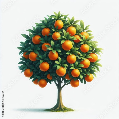 Orange Tree with Ripe Fruits Hanging from Branches in Sunlit Orchard
