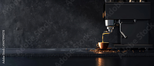 Close-up of a black espresso machine pouring rich coffee into a glass cup against a dark background. Mock up for coffee culture, barista skills, and gourmet beverage visuals.