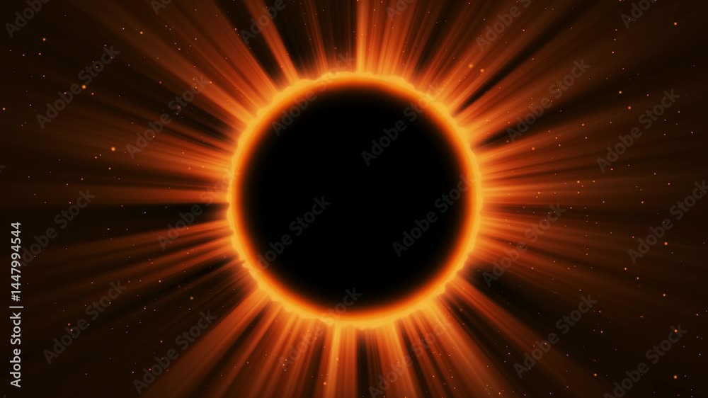 Abstract fantasy background. Amazing scientific natural phenomenon. Total solar eclipse with bright ring effect glowing with rays. Solar corona is visible. Space animated background in 4K.