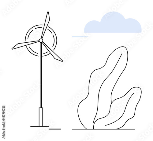 Wind turbine generating clean energy with abstract plant and cloud symbolizing nature and sustainability. Ideal for renewable energy, eco-awareness, sustainability, clean technology, green future