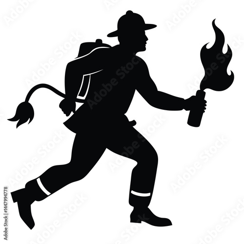 Firefighter Silhouette Running with Flamethrower