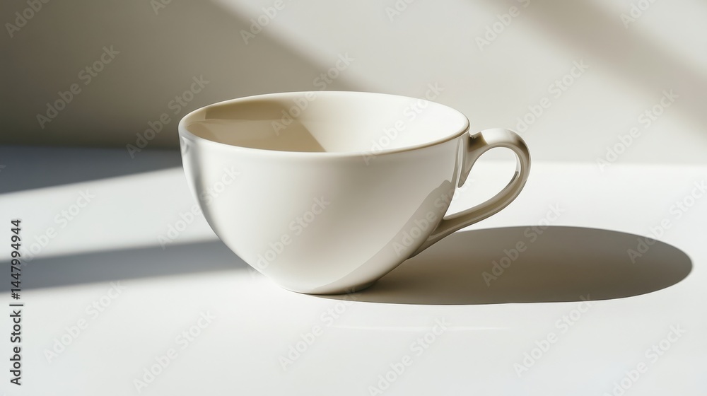 Elegant white cup casting soft shadow on minimalist table Elegant white cup casting soft shadow on minimalist table