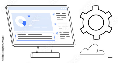 Computer screen displaying data analytics, charts, and tasks with a gear portraying configuration. Ideal for technology, data management, analytics, workflows, processes, optimization simple landing