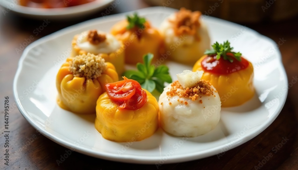 Various dim sum dishes arranged on white plate, white, shot Various dim sum dishes arranged on white plate, white, shot