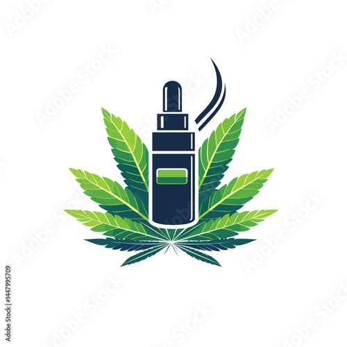 Cannabis oil dropper surrounded by green leaves.