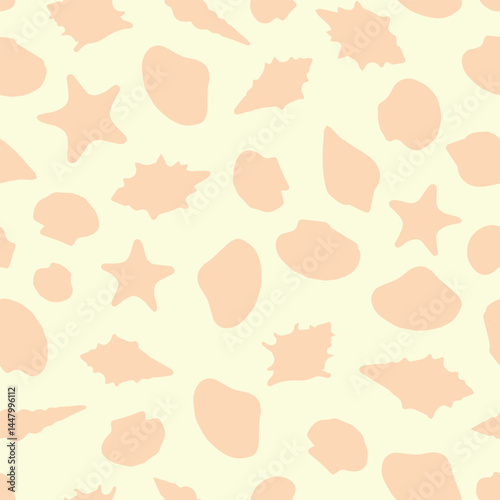 Beautiful pattern with watercolor painted sea shells, snails and starfish on white background