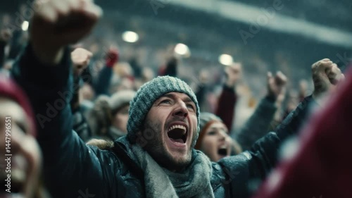 Ecstatic Fan Reaction: An impassioned fan is enveloped in the electrifying atmosphere of a stadium, experiencing the thrill of a game and the collective excitement with other spectators.