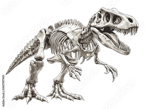 Fototapeta Naklejka Na Ścianę i Meble -  Detailed anatomical drawing of a fearsome theropod dinosaur skeleton exhibiting teeth and powerful claws perfectly illustrating prehistoric