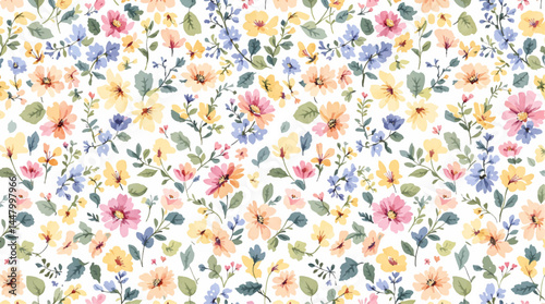 Seamless watercolor flowers pattern, Field wildflowers, watercolor seamless floral pattern with little flowers and leaves