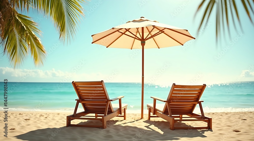 custom made wallpaper toronto digitalSerene tropical beach scene with wooden lounge chairs, white umbrella, golden sand, calm ocean, and palm fronds under a warm late afternoon sky.