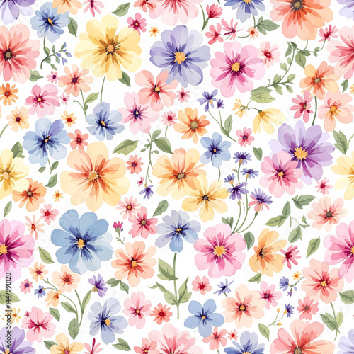 Seamless watercolor flowers pattern, Field wildflowers, watercolor seamless floral pattern with little flowers and leaves