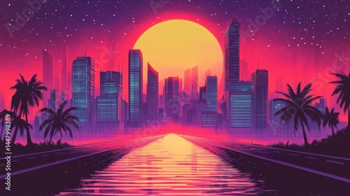 Retro Cyberpunk Landscape with Neon Colors, Vintage Illustration, and VJ Videogame Vibes from the 80s and 90s