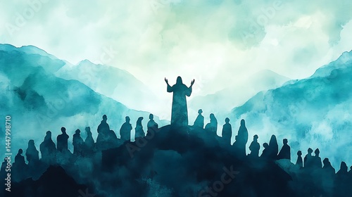 ermon on the mount watercolor silhouette of jesus preaching to crowd from mountaintop. Generative Ai