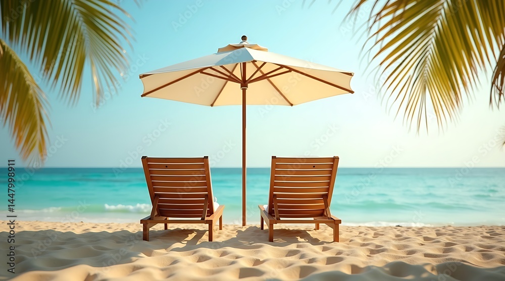 Fototapeta premium Serene tropical beach scene with wooden lounge chairs, white umbrella, golden sand, calm ocean, and palm fronds under a warm late afternoon sky.