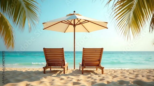 Serene tropical beach scene with wooden lounge chairs, white umbrella, golden sand, calm ocean, and palm fronds under a warm late afternoon sky.