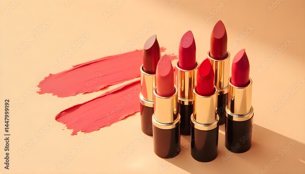 Obraz premium different red shades of lipsticks on beige