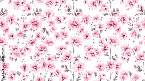 Seamless watercolor flowers pattern, Field wildflowers, watercolor seamless floral pattern with little flowers and leaves