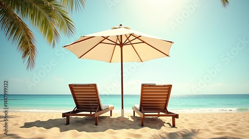 Serene tropical beach scene with wooden lounge chairs, white umbrella, golden sand, calm ocean, and palm fronds under a warm late afternoon sky.
