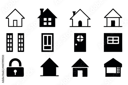 Black and White Home Icons Set with Key, Heart, and Lamp Symbols