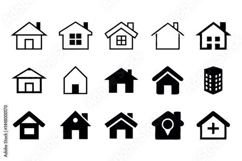Black and White Home Icons Set with Key, Heart, and Lamp Symbols