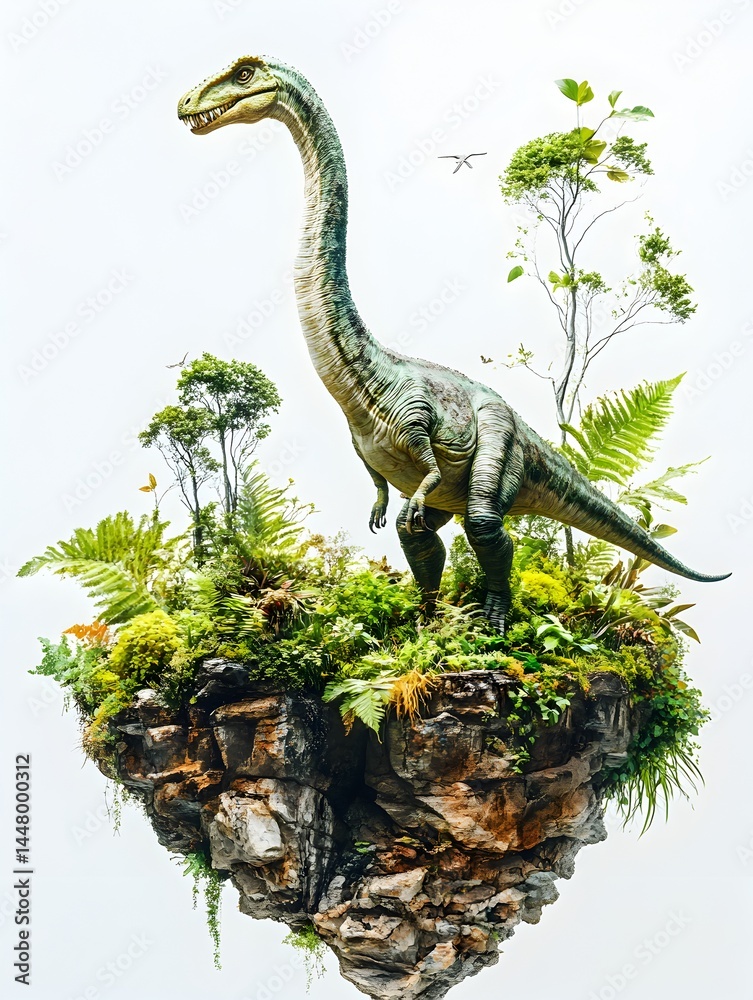 Fototapeta premium A detailed model of a long-necked dinosaur stands majestically on a lush, floating island habitat against a pristine white background.