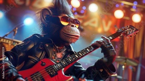 A primate musician plays electric guitar in a rock concert setting.