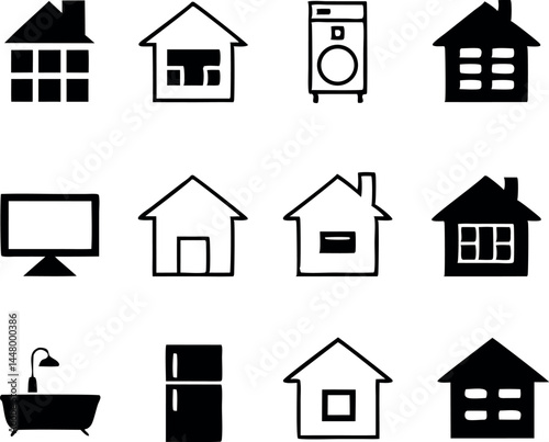 Black and White Home Icons Set with Key, Heart, and Lamp Symbols