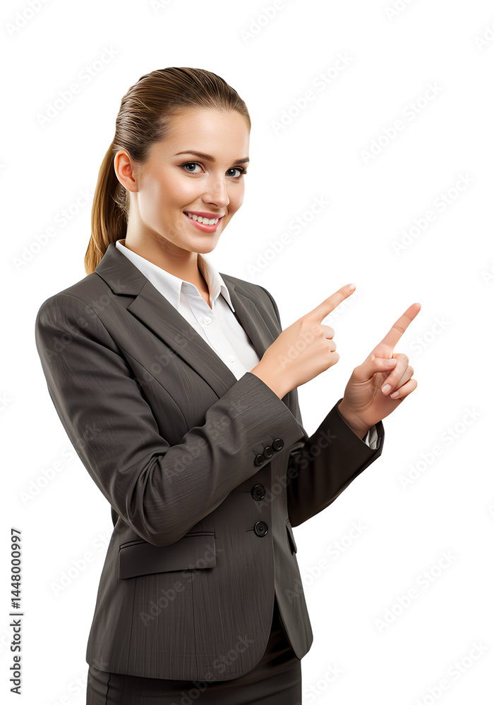 A smiling businesswoman pointing at a blank space, isplated A smiling businesswoman pointing at a blank space, isplated