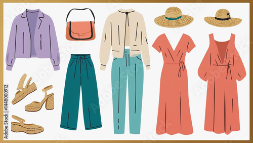 A group of women's clothing and accessories on display