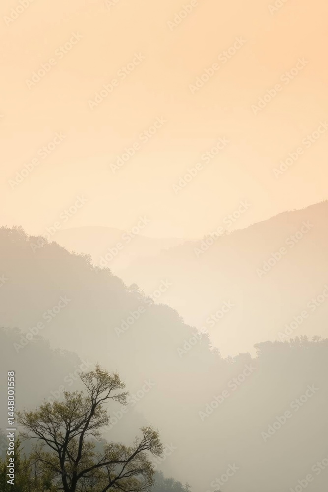 Fototapeta premium Misty Mountain Landscape: A Serene Sunrise Painting