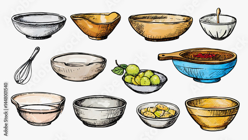 Set of kitchenware, various bowls and utensils arranged on a plain white surface