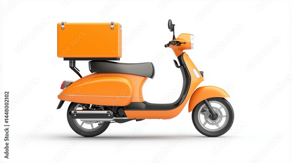 Realistic mockup of a orange scooter delivery box mounted on the rear rack, blank orange surface, isolated on a white background Realistic mockup of a orange scooter delivery box mounted on the rear rack, blank orange surface, isolated on a white background