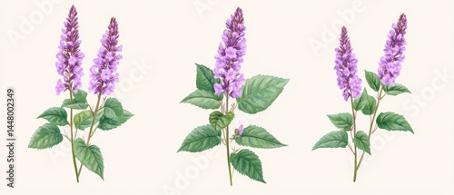 Botanical illustration of blooming purple salvia flowers with green leaves on a cream background in vintage style elegant floral design for nature lovers