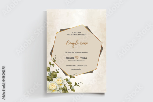 WEDDING INVITATION FRAME WITH FLOWER DECORATIONS AND FRESH LEAVES