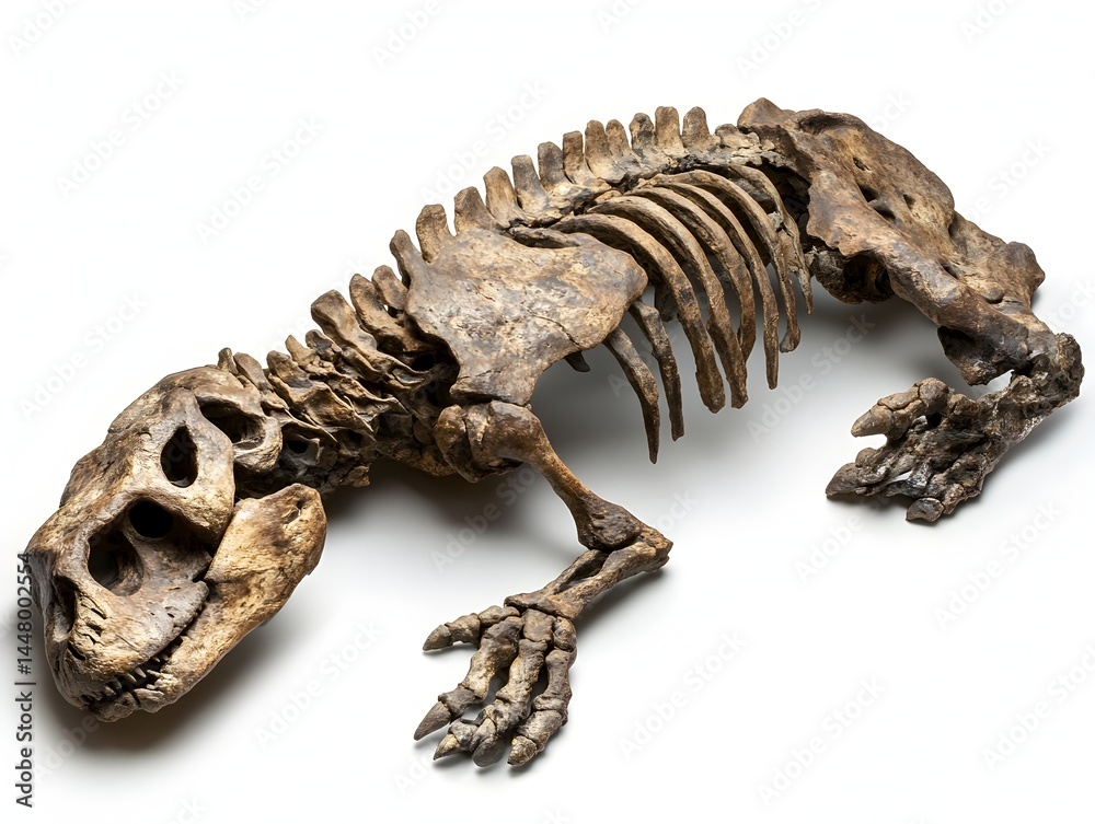 A complete fossilized dinosaur skeleton rests on a white background showcasing detailed bones and skull structure. A complete fossilized dinosaur skeleton rests on a white background showcasing detailed bones and skull structure.