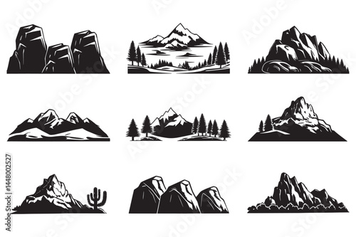 Silhouette mountain range isolated on white background, Mountain Icons
