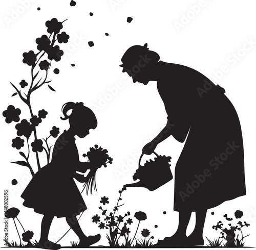Woman and Girl Watering Plants Silhouette