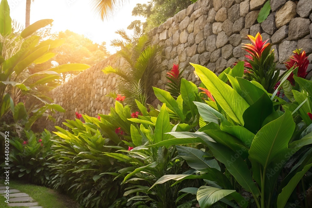 Fototapeta premium Sunlit Tropical Plants and Stone Wall Background