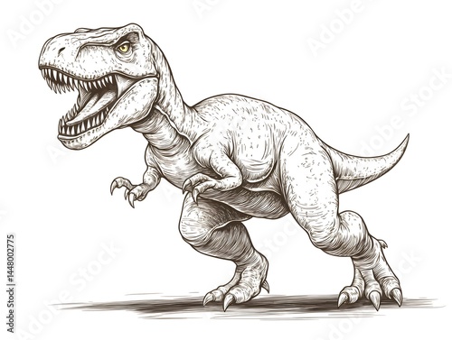 Fototapeta Naklejka Na Ścianę i Meble -  A detailed hand-drawn illustration of a Tyrannosaurus Rex dinosaur in a powerful stance, showcasing intricate linework and shading.