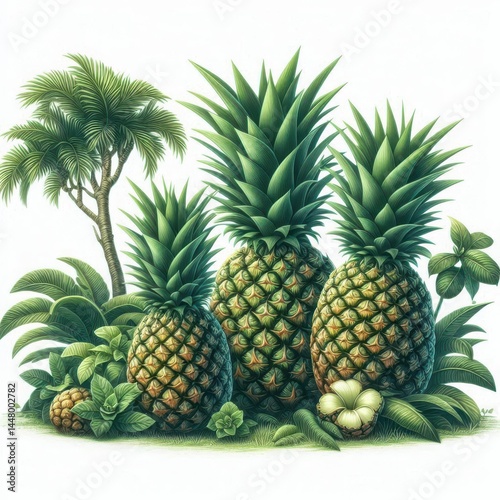 Pineapple Plant with Ripe Fruit and Green Leaves Isolated on White Background