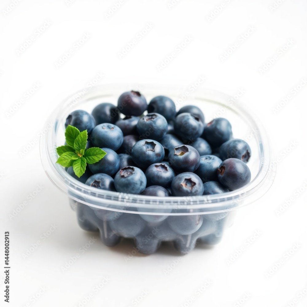 Fresh blueberries in clear container. Perfect for a healthy snack or baking ingredient. Mint leaf garnish. Fresh blueberries in clear container. Perfect for a healthy snack or baking ingredient. Mint leaf garnish.