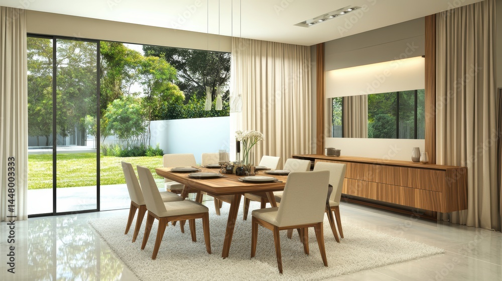 Fototapeta premium Modern dining room with wooden table chairs flowers white carpet and large windows overlooking the nature