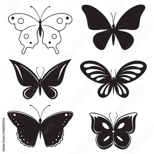 Black butterflies collection. Silhouettes, isolated Vector butterfly icon