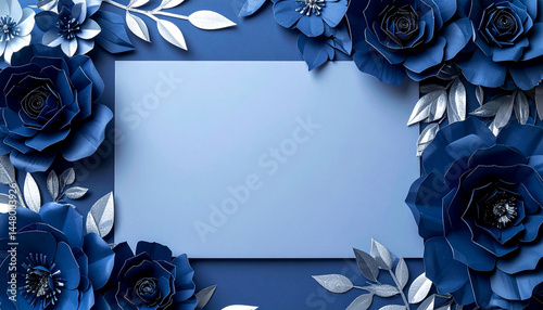 Graduation announcement card with navy blue paper flowers and silver accents