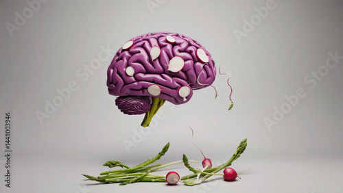 An artistic representation of a brain composed of asparagus and radishes, great for illustration or design needs