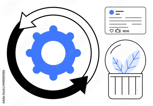 Gear surrounded by arrows, plant in trash can, social media metrics panel. Ideal for sustainability, recycling, renewable energy, eco-technology, social responsibility, innovation simple landing