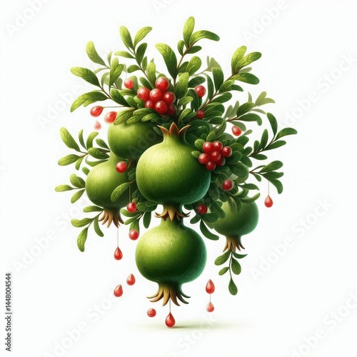 Pomegranate fruit Tree Branch with Ripe Fruits and Leaves Isolated on White Background