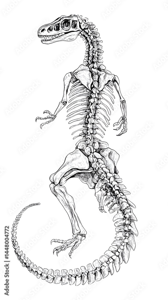 Fototapeta premium Detailed anatomical drawing of a dinosaur skeleton viewed from the back showcasing its intricate bone structure and spinal column.