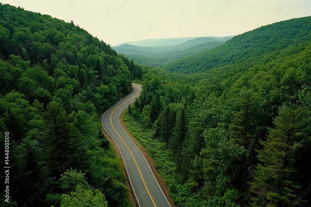Fototapeta premium Serpentine road winding through lush green mountain forest landscape aerial view capturing nature's beauty and tranquility on a scenic drive adventure