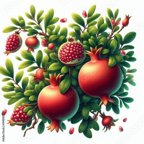 Pomegranate fruit Tree Branch with Ripe Fruits and Leaves Isolated on White Background